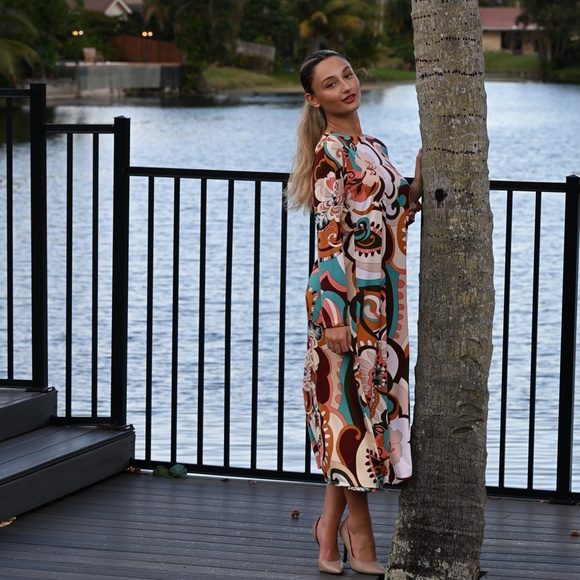 DEVORAH'S SECRET Modest Midi Dress Modern Floral Brown/Teal/Orange/Regular& Plus - Picture 2 of 6